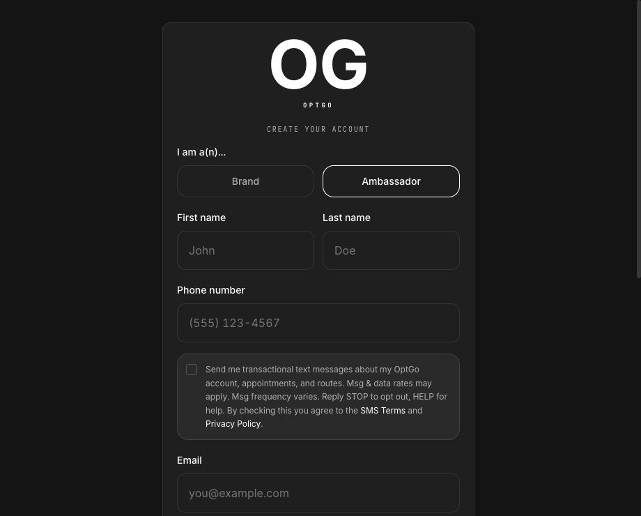 The live OptGo account signup form at app.optgo.com/signup, showing the OptGo brand, the name and phone-number fields, and an unchecked SMS consent checkbox beside the disclosure: Send me transactional text messages about my OptGo account, appointments, and routes. Msg & data rates may apply. Msg frequency varies. Reply STOP to opt out, HELP for help. By checking this you agree to the SMS Terms and Privacy Policy.